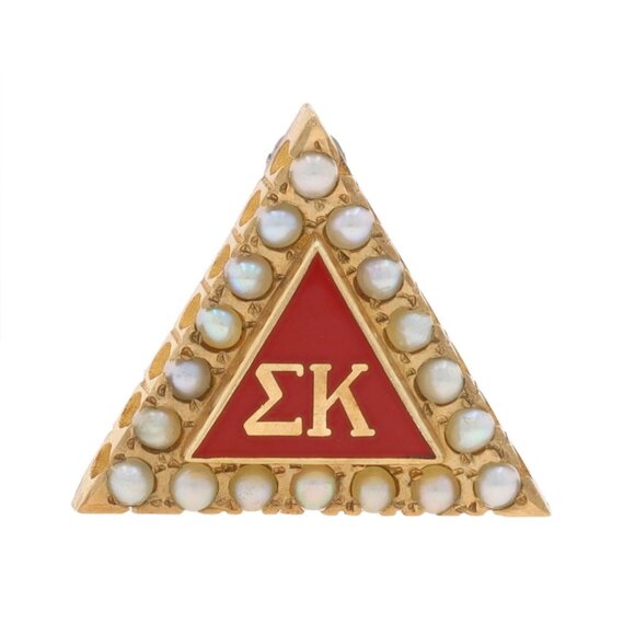 Yellow Gold Sigma Kappa Badge - 10k Seed Pearl & Red Enamel Sorority Greek Pin